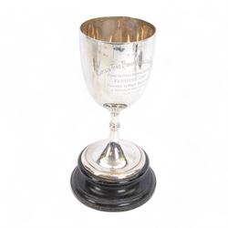 Late Victorian silver trophy cup, of goblet form, the plain bowl with presentation engravi...