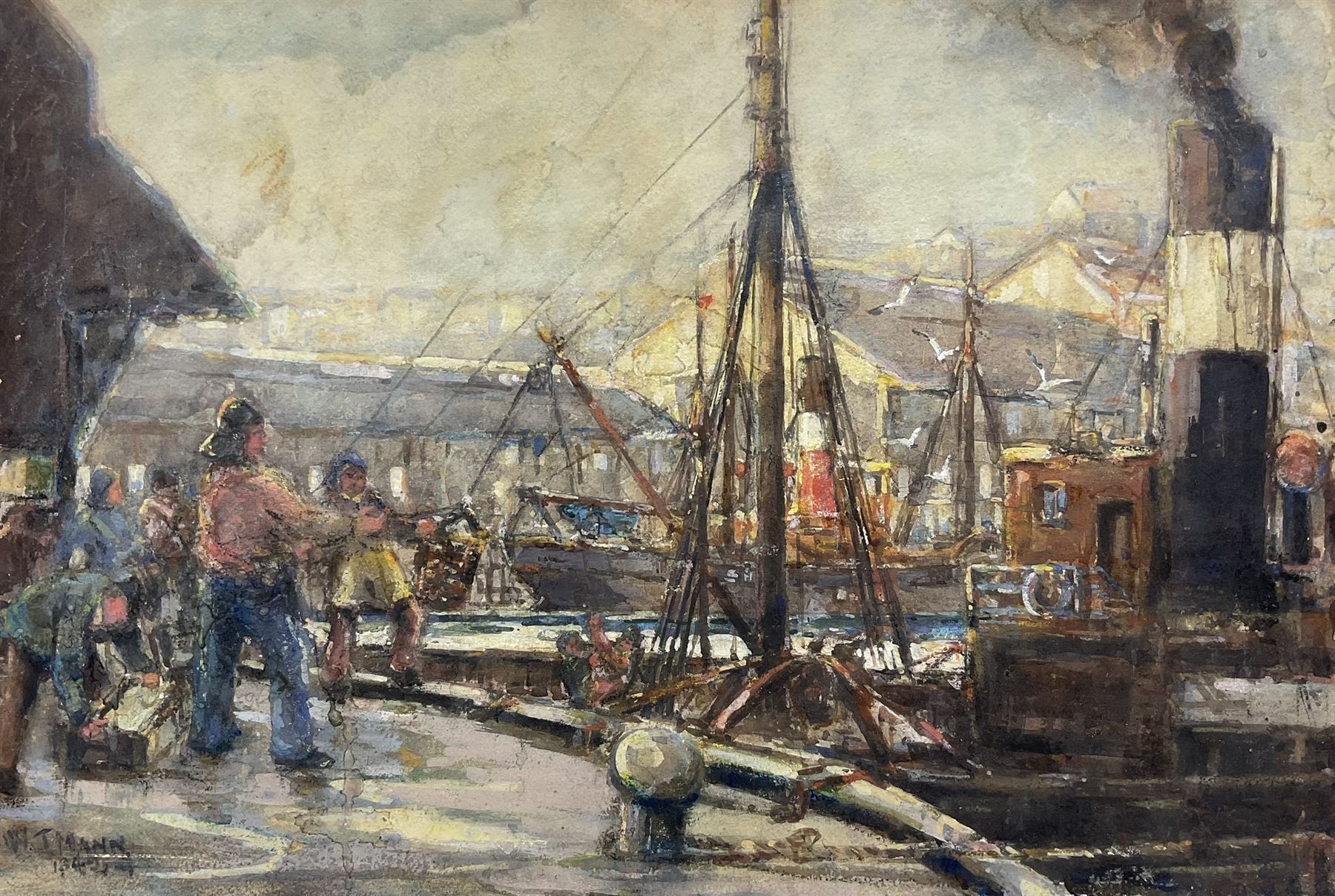 William J Mann (Scarborough mid 20th century): Steam Trawlers by the Fish Quay Scarborough, watercolour signed and dated '49, with a study of shipping verso 30cm x 45cm
Notes: Mann was a member of the Fylingdales Group of Artists and lived in Newby, Scarborough.