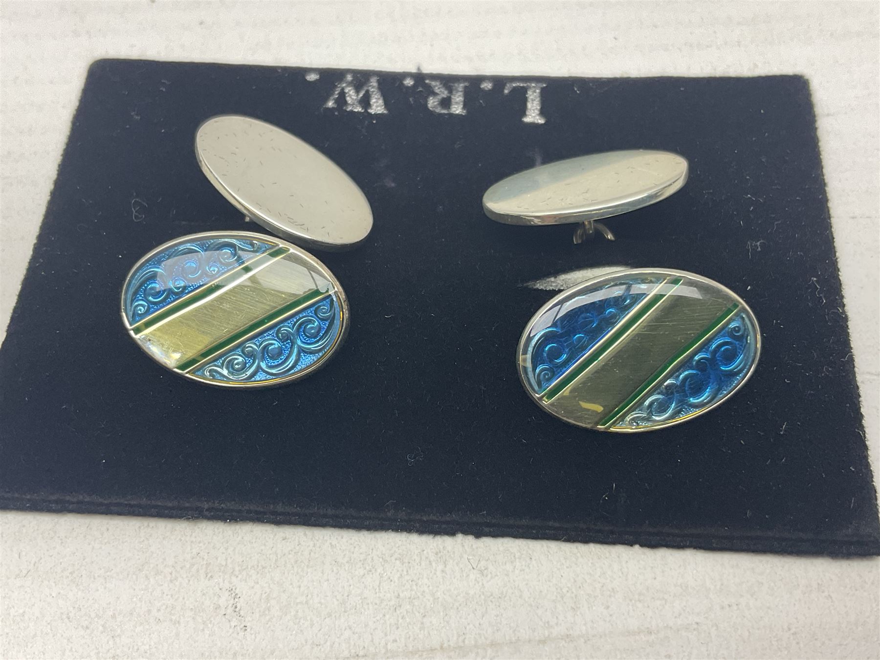 Pair of silver blue enamel cufflinks, hallmarked 