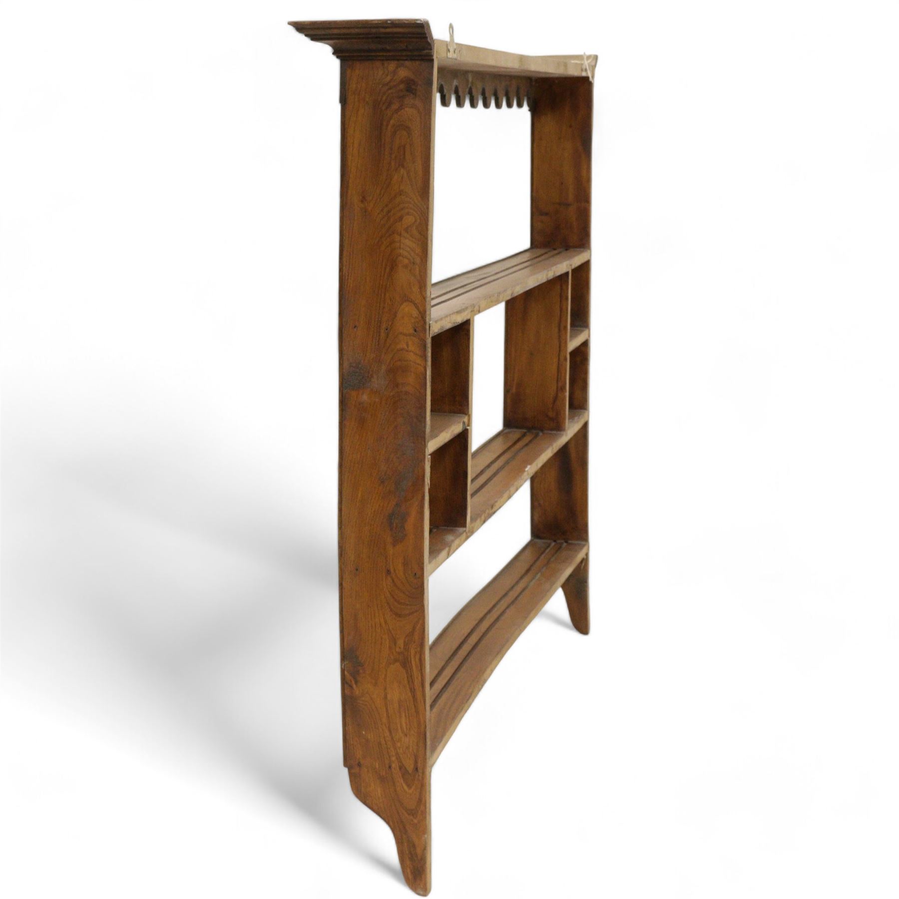 Georgian design elm plate rack, projecting moulded cornice over three tiers, moulded frame 