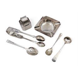 Group of silver, comprising ashtray, two napkin rings, sugar tongs and spoons, all hallmarked 