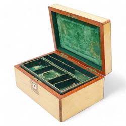 Victorian maple and boxwood strung workbox, with mother of pearl escutcheon and vacant mother of pearl panel, each within checkered borders, the compartmentalised interior with green fabric lining and gilt tooled green leather dividers H11.5cm W25cm 