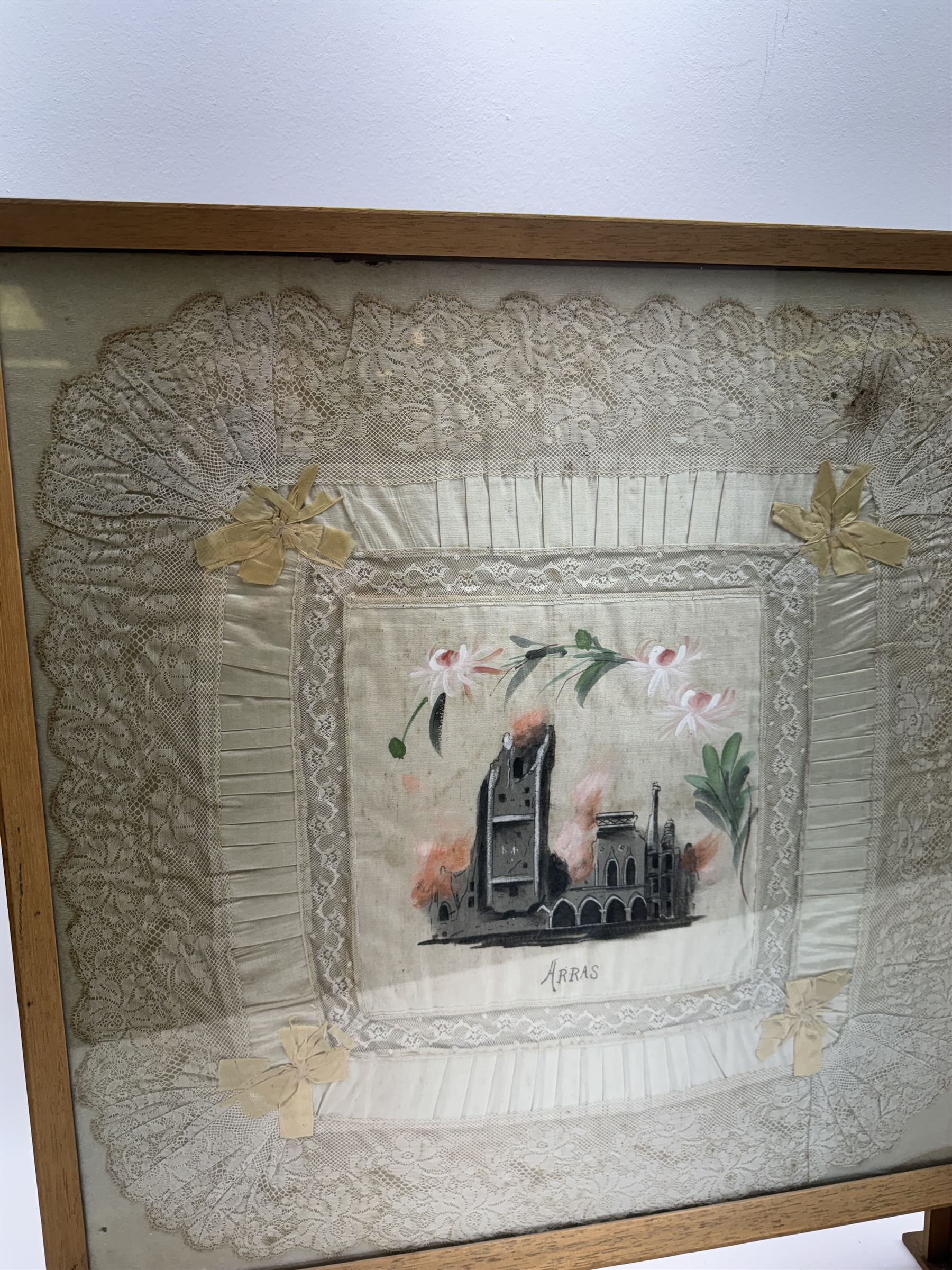 Framed WWI hand painted silk serviette with lace edges, painted with a building 'Arras' H60cm