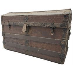 Late 19th to early 20th century leather and wood bound chest with metal fixtures 