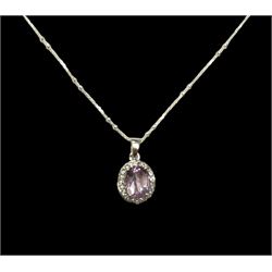 Silver pink stone set oval pendant necklace