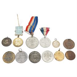 Tokens, medallions and miscellanea, including various 'Victoria Regina To Hanover 1837' tokens, 'The Institution of British Engineers' fob, 'Nelson of the Nile Lodge 1801' hallmarked silver jewel and other similar items 