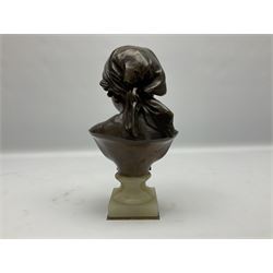 After Mathurin Moreau (French, 1822-1912), Gypsy Girl, bronze head and shoulder bust of a girl wearing headscarf and earrings, signed verso Math. Moreau, upon an onyx socle base, overall H27cm