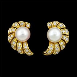 Pair of Mikimoto 18ct gold cultured white / pink pearl and diamond fan stud earrings, Lond...