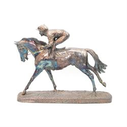 Silver model of a racehorse with jockey up, filled, on a naturalistic rectangular base 21cm x 26cm Sheffield 1996 Maker Camelot Silverware Ltd 