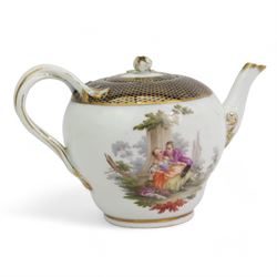 Pair of Meissen tea cups and saucers, encrusted with forget-me-nots and decorated with flowers and insects, raised on peg feet, H8cm and an early 20th century Meissen teapot, decorated with courting couples, H12cm (3)