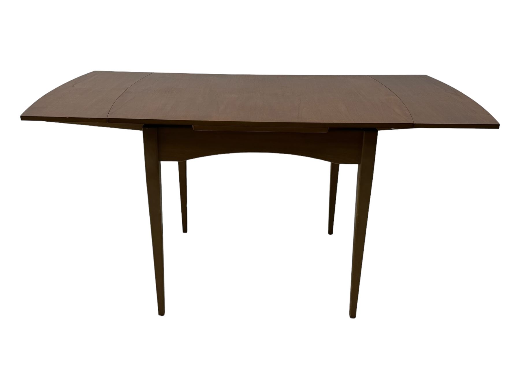 Mid-20th century teak dining table, draw-leaf action extending top, on square tapering supports (98cm - 148cm x 76cm, H75cm); and a set of three dining chairs 