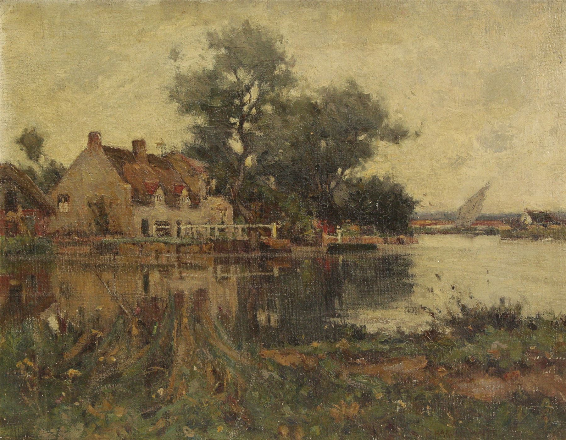 Harold Waite (British 1870-1939): Riverside Cottage with Boats, oil on canvas signed 35cm x 45cm