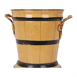 Victorian tolewear bucket, of tapering cylindrical form with twin foliate mounted handles and short flared foot, the body painted with black horizontal bands against a yellow ground, with impressed marked beneath H.L&Co, possibly for Hamilton Laidlaw & Company, H29.5cm D27.5cm