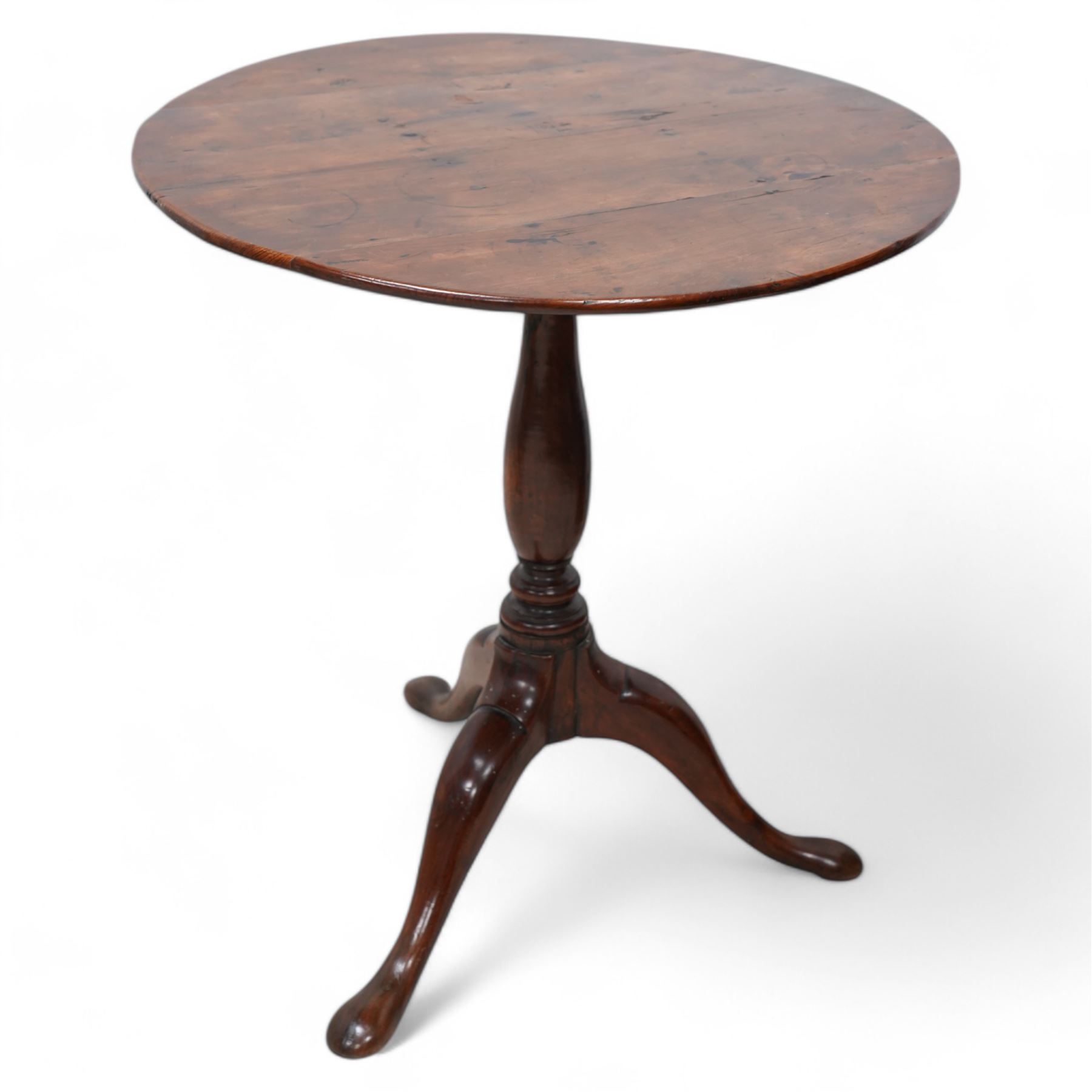 18th century yew wood tripod table, circular tilt-top on vasiform pedestal, on three out-splayed support 