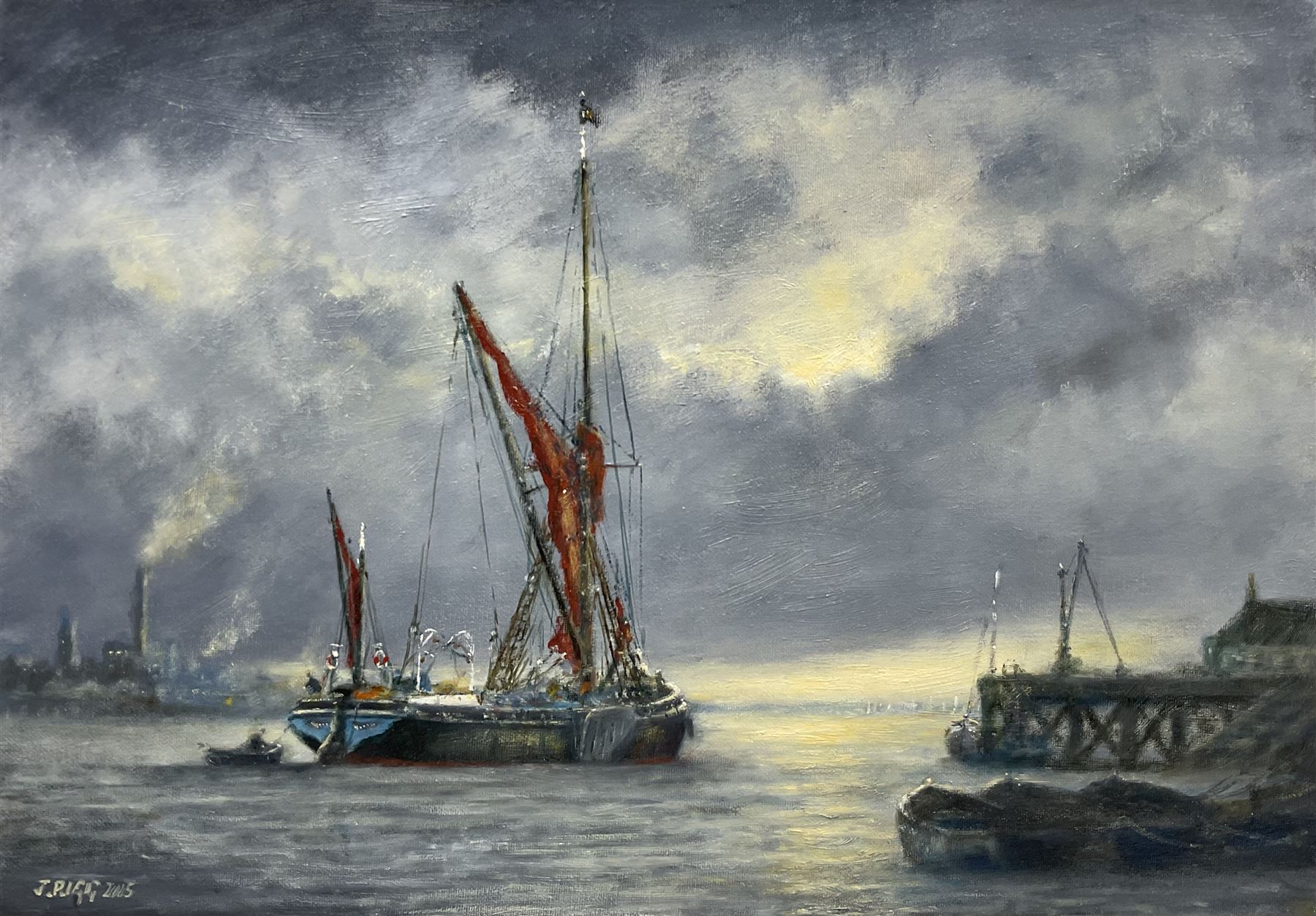 Jack Rigg (British 1927-2023): 'Barging Memories', oil on canvas signed and dated 2015, titled verso 42cm x 59cm (unframed)