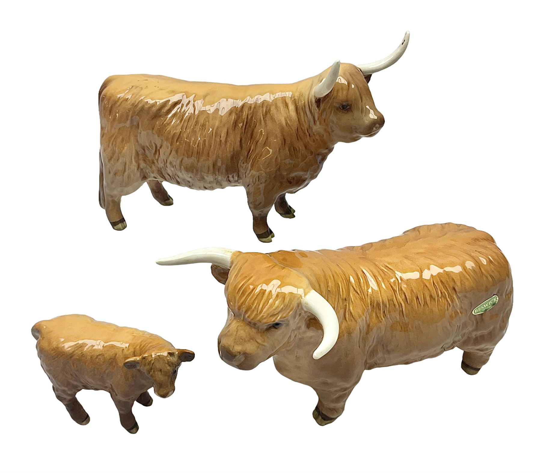 Beswick Highland family group, comprising bull 2008, cow 1740, and calf 1727D