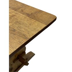 Gnomeman - oak dining table, rectangular adzed top, shaped end supports on sledge feet united by pegged stretcher, by Thomas Whittaker, Littlebeck, Whitby 