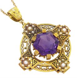 Victorian gold Etruscan Revival amethyst, enamel and pearl cross design pendant, the central hexagonal amethyst, with pearl, black and white enamel surround, within an a open pierced work frame, on gold cable link chain necklace, stamped 9ct