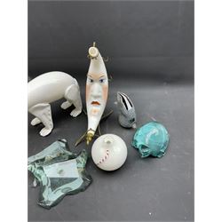 Milk glass decanter, modelled as a moon with a painted face, together with glass animals modelled as a polar bear, turtle and badger, together with other glass  