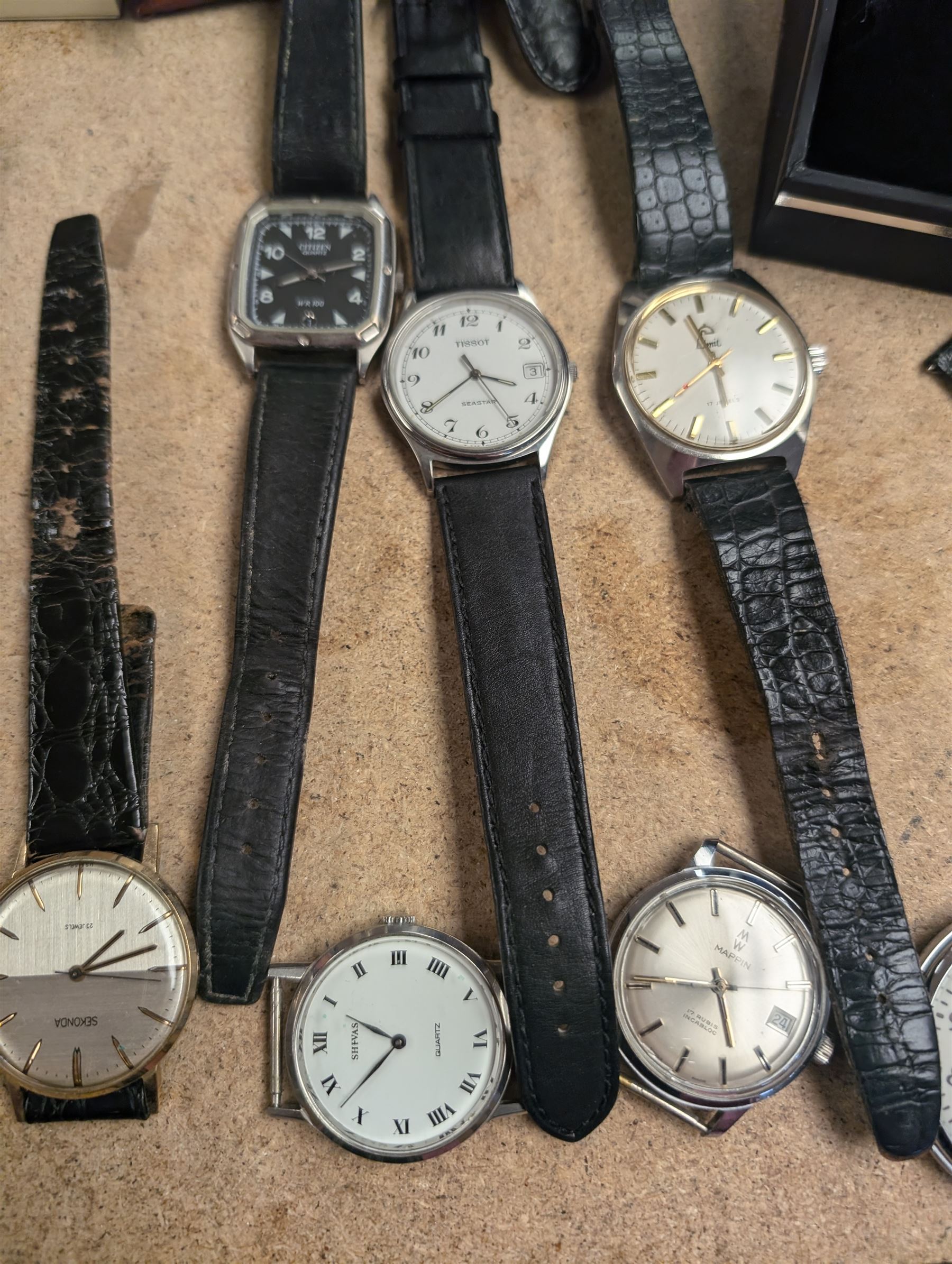 Collection of manual wristwatches including Tissot Seastar, Mappin automatic, HY. Moser braille Waterford silver quartz, Bulova, Tissot quartz, Technos, Sekonda, Avia etc, silver Victorian coin, watch straps etc 