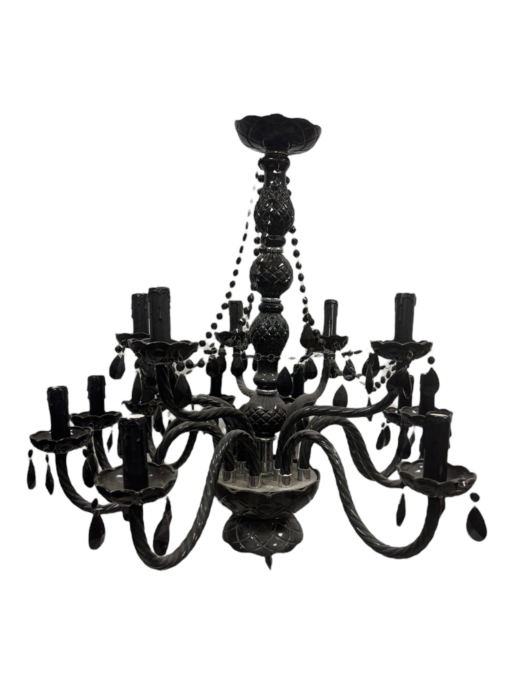 Two classical black glass fourteen branch chandeliers