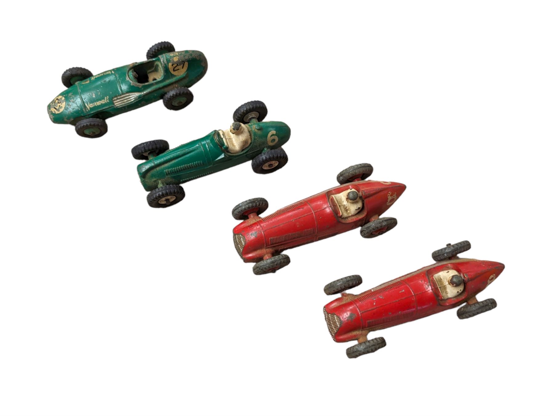 Four Dinky race cars, to include Cooper Bristol, two Alfa Romeos and a Vanwall