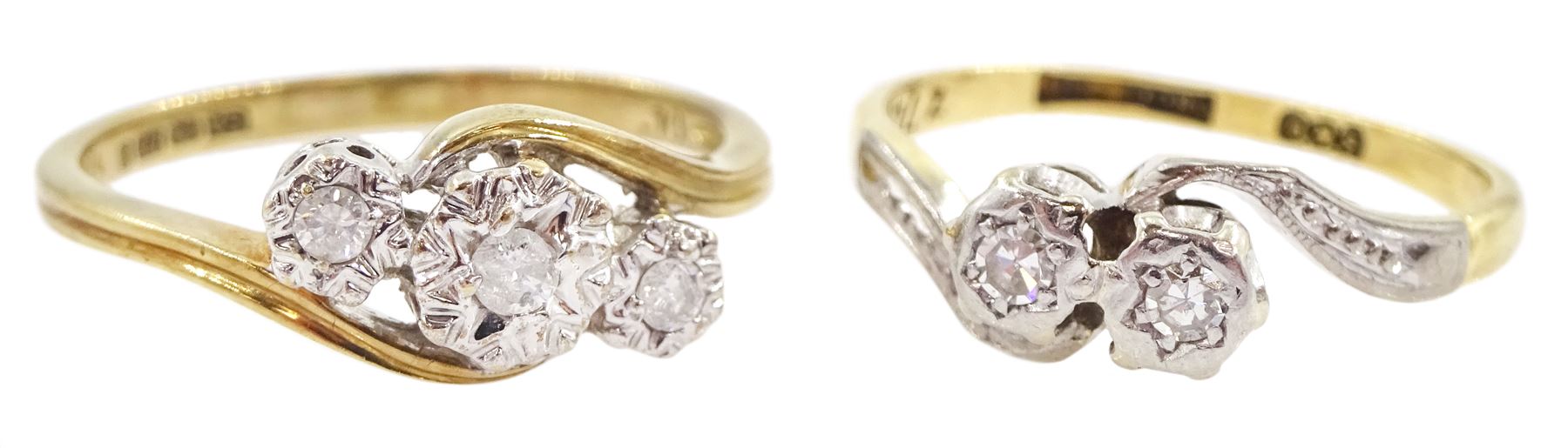 Gold two stone diamond crossover ring, stamped 18ct Plat and a gold three stone diamond crossover ring, hallmarked