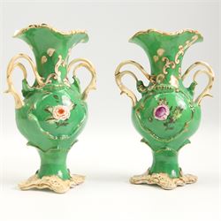 Coalbrookdale style porcelain scent bottle, the baluster form body encrusted with flowers, pair of 19th century twin handled vases, each hand painted with flower sprays, a similar vase H21cm and saucer (5)