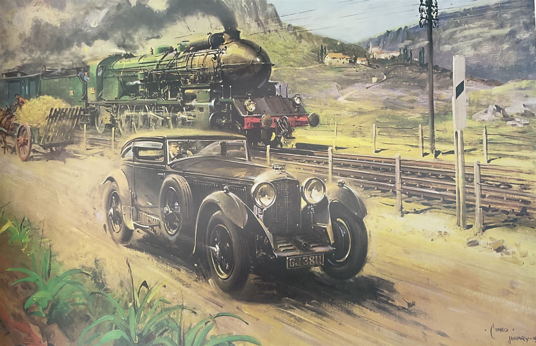 Terence Cuneo (British 1907-1996): 'The Deputy's Deputy', 'Bentley at Le Mans 1929', 'Bentley v Blue Train', and 'Evening Star', four limited edition prints, the first signed in pencil, max 71cm x 91cm (4) (unframed)