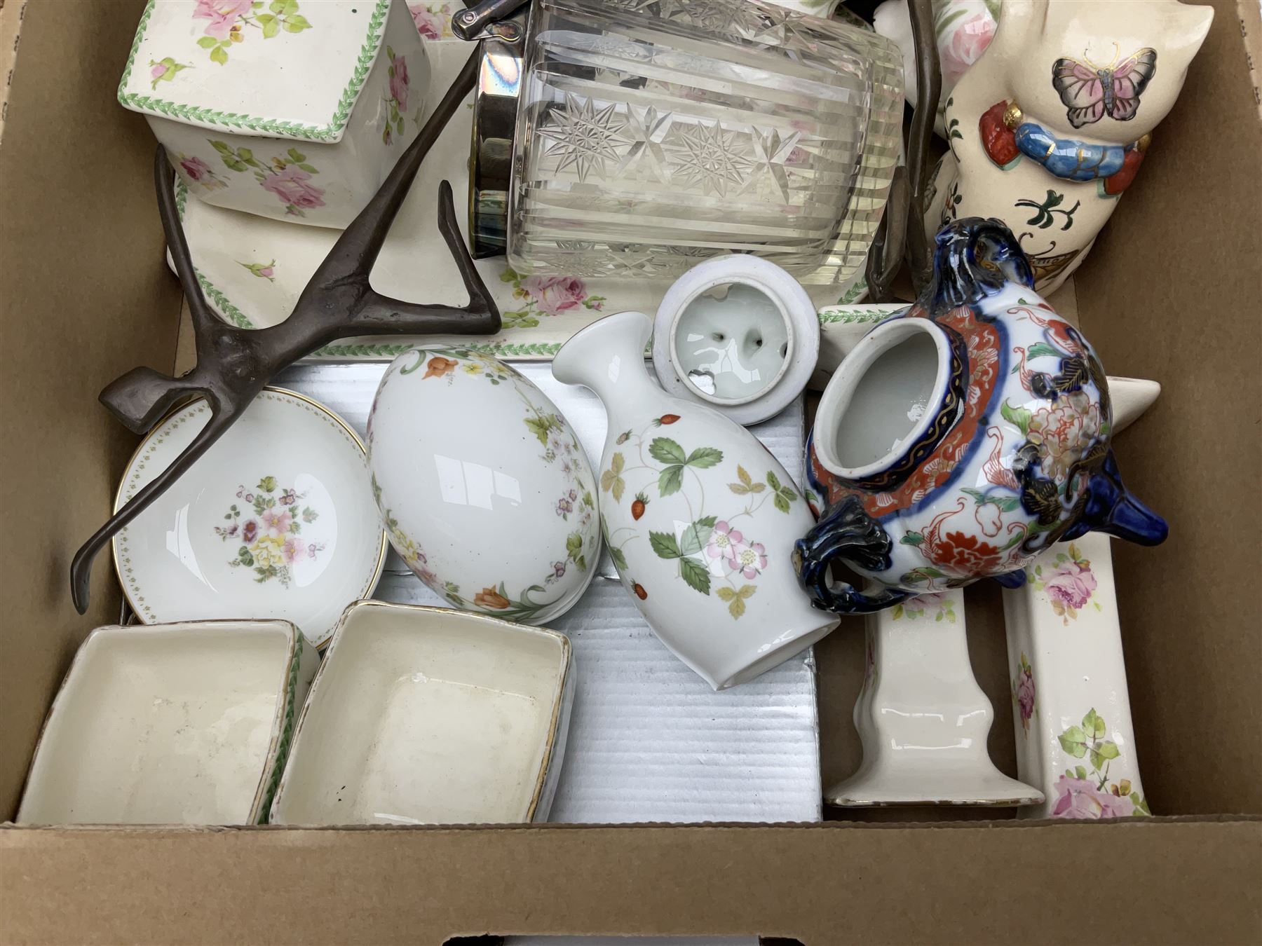 Four pieces of art glass, including twin handled basket bowl, etched glasses and matching decanter and a collection of other ceramics and glassware, in three boxes