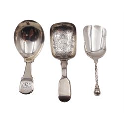 Three silver caddy spoons, comprising George III Fiddle pattern example, William IV Fiddle pattern example with later engraved bowl. and shovel example with twist handle, hallmarked some elements indistinct