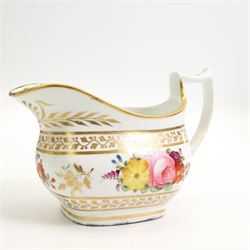 Early 19th century English porcelain tea service, hand painted with floral sprays within trailing gilt borders, comprising teapot and stand, slop bowl, sucrier, milk jug and eight saucers 