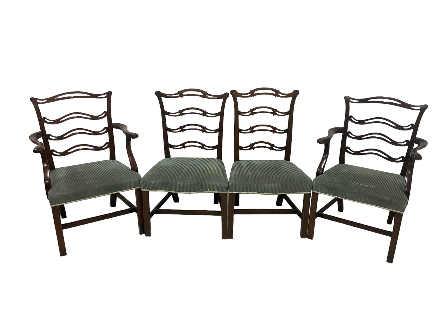 Set of twelve (10+2) Chippendale revival stained beech dining chairs, pierced waived ladder backs with over-stuffed over seats, on square moulded supports joined by stretchers