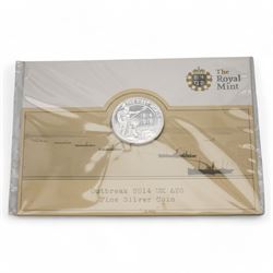 Mostly commemorative coinage, including The Royal Mint United Kingdom 2014 'Outbreak' fine silver twenty pound coin on card, various five pound coins with some on cards, commemorative fifty pence pieces, Queen Elizabeth II Tuvalu 2018 'Silver Thermometer' two dollars two ounce fine silver coin etc