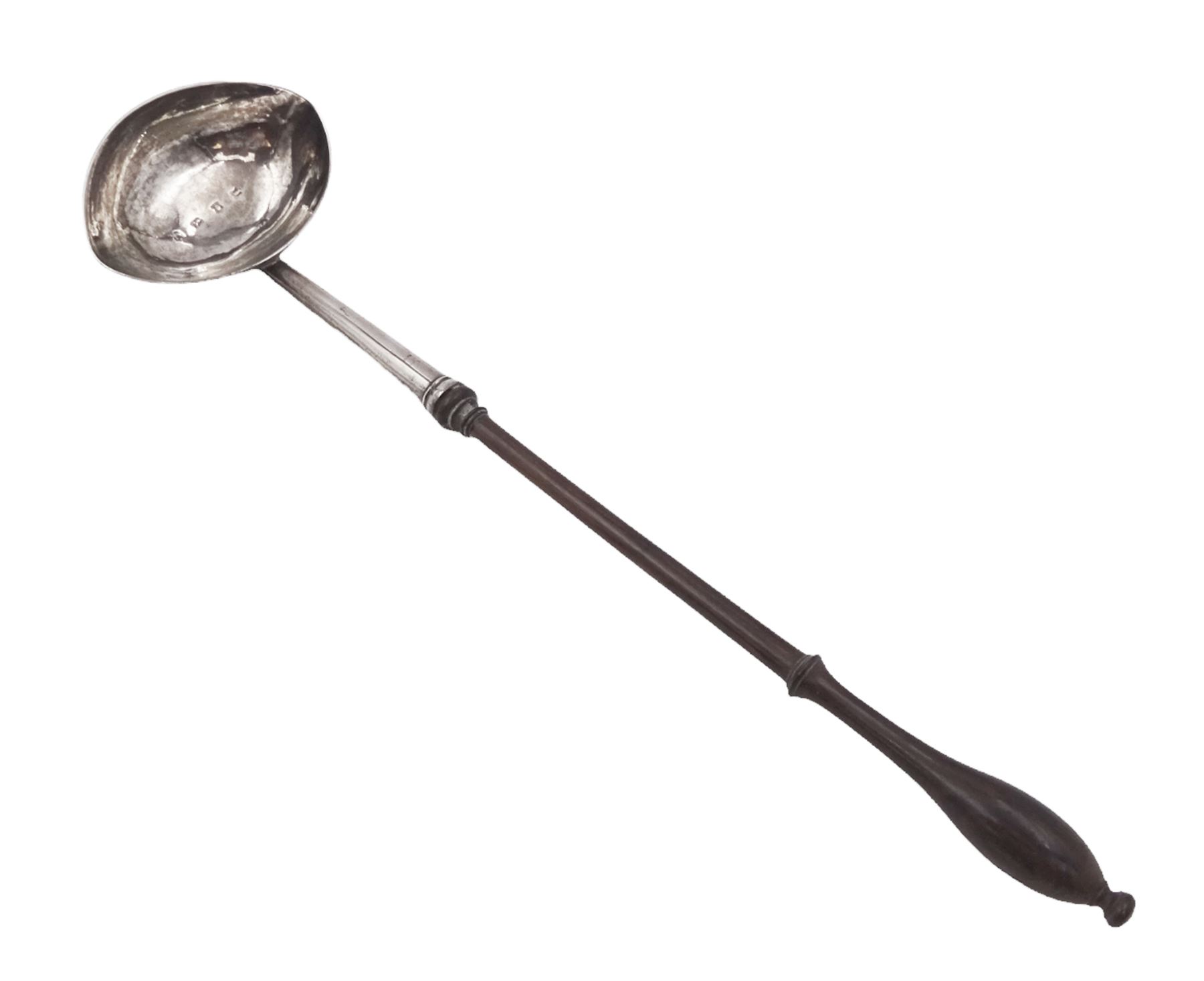 George II silver toddy ladle, the silver bowl of oval form, with engraved initials to underside, hallmarked London 1741, maker's mark indistinct, with turned wooden handle, L33cm