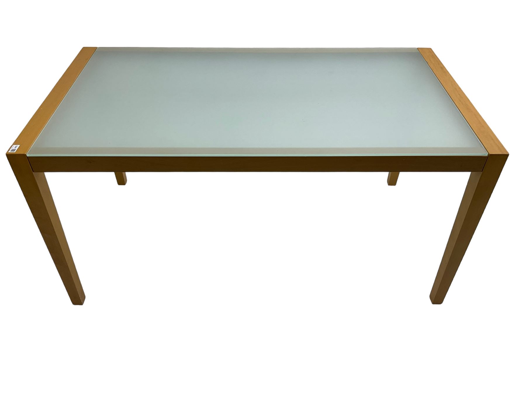 Contemporary beech framed dining table, rectangular frosted glass top on beech frame, square tapering supports