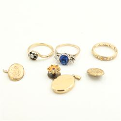 9ct gold three stone blue and white spinel ring (one stone deficient), a 9ct gold white spinel eternity ring (one stone deficient) and an 18ct gold diamond ring (one stone deficient), together with a 9ct gold oval locket pendant, a single cufflink (a/f) and a 9ct gold dress stud 