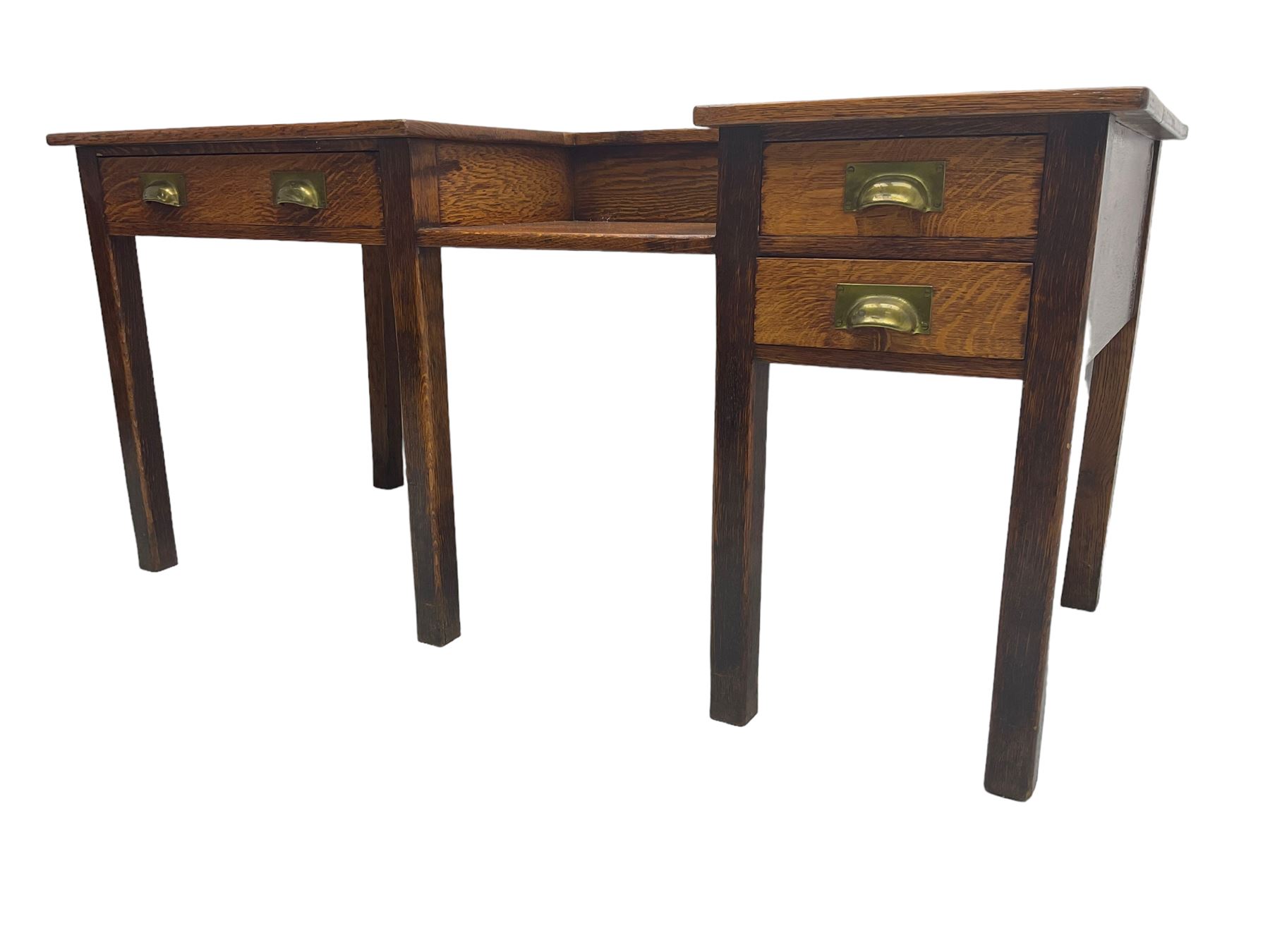 Early 20th century oak clerks desk, fitted with drop centre and drawers, on square supports