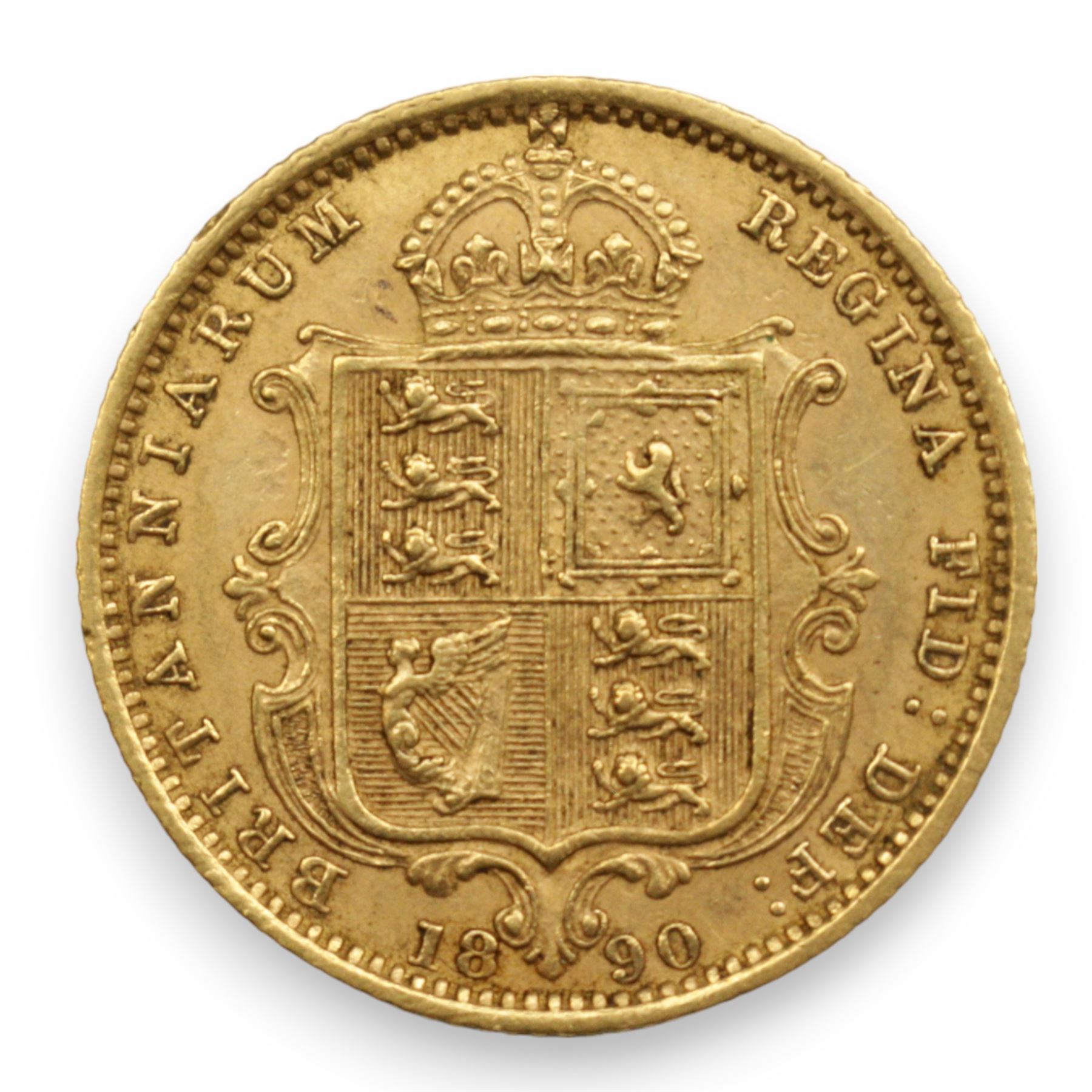 Queen Victoria 1890 gold half sovereign coin, shield back