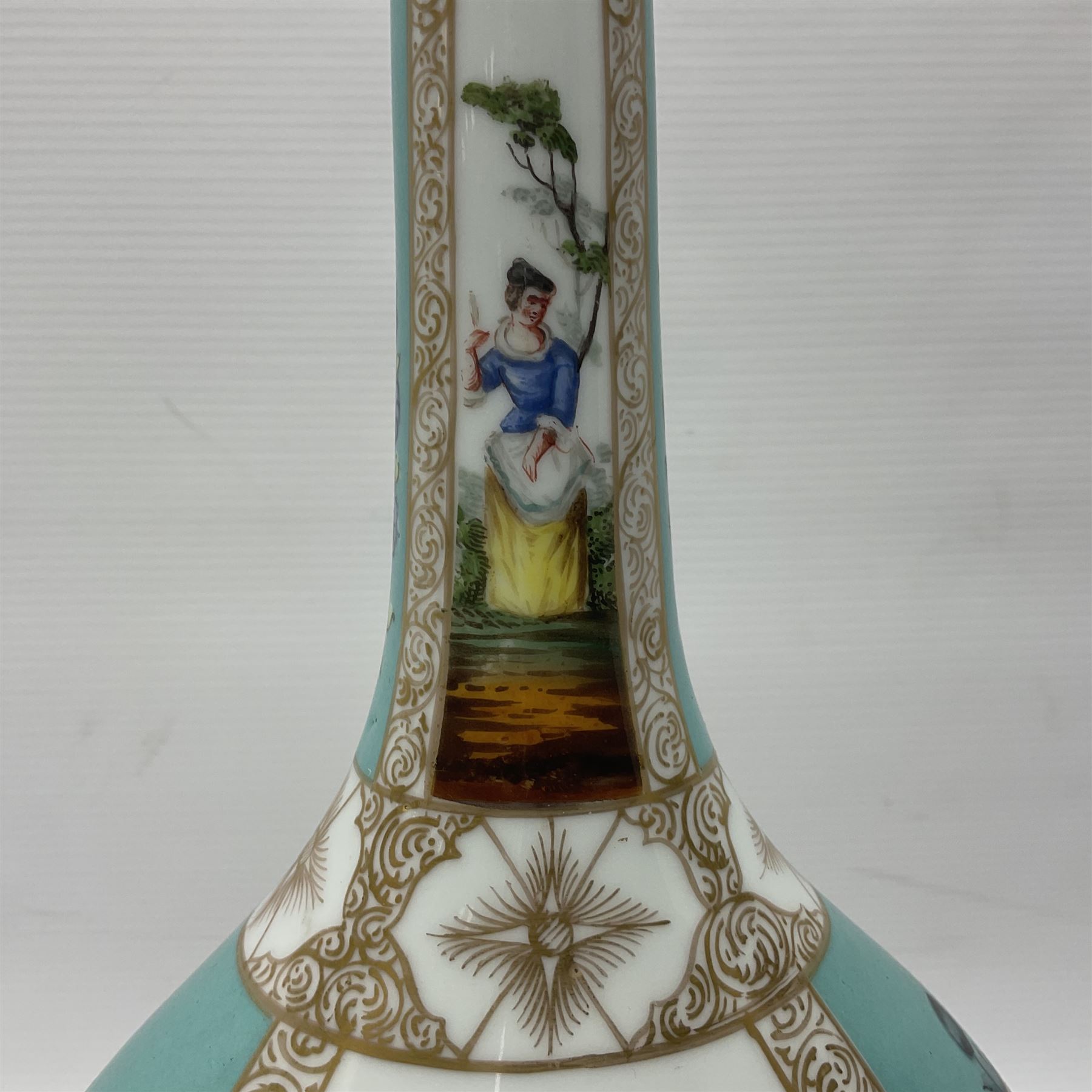 Pair of late 19th century Helena Wolfsohn vases and covers, each of compressed bottle form with tall neck, painted with alternating panels of romantic scenes and floral sprays upon turquoise ground between gilt borders, with Augustus Rex mark to base, H35cm