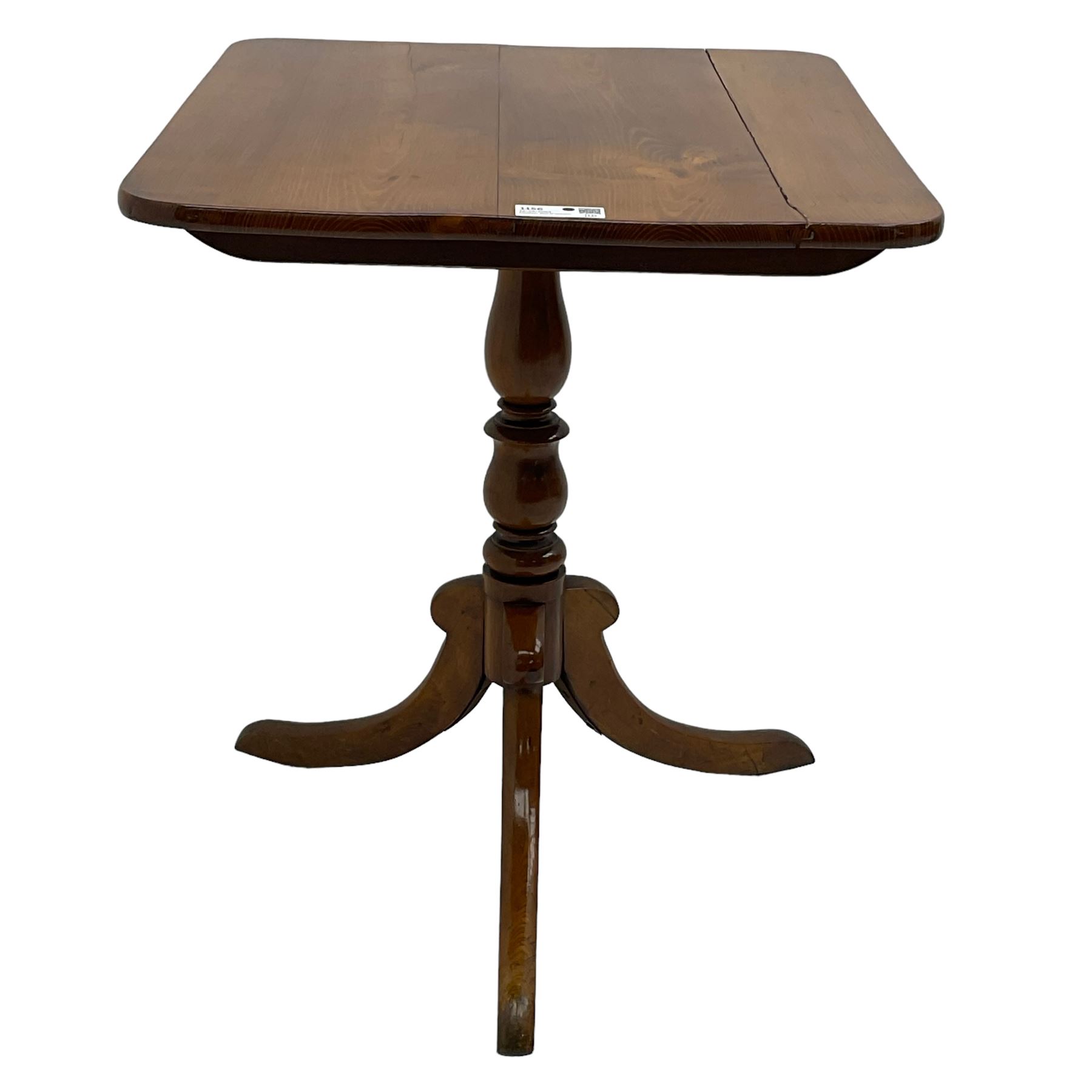 19th century elm tripod table, rectangular tilt-top on turned pedestal with three splayed supports 