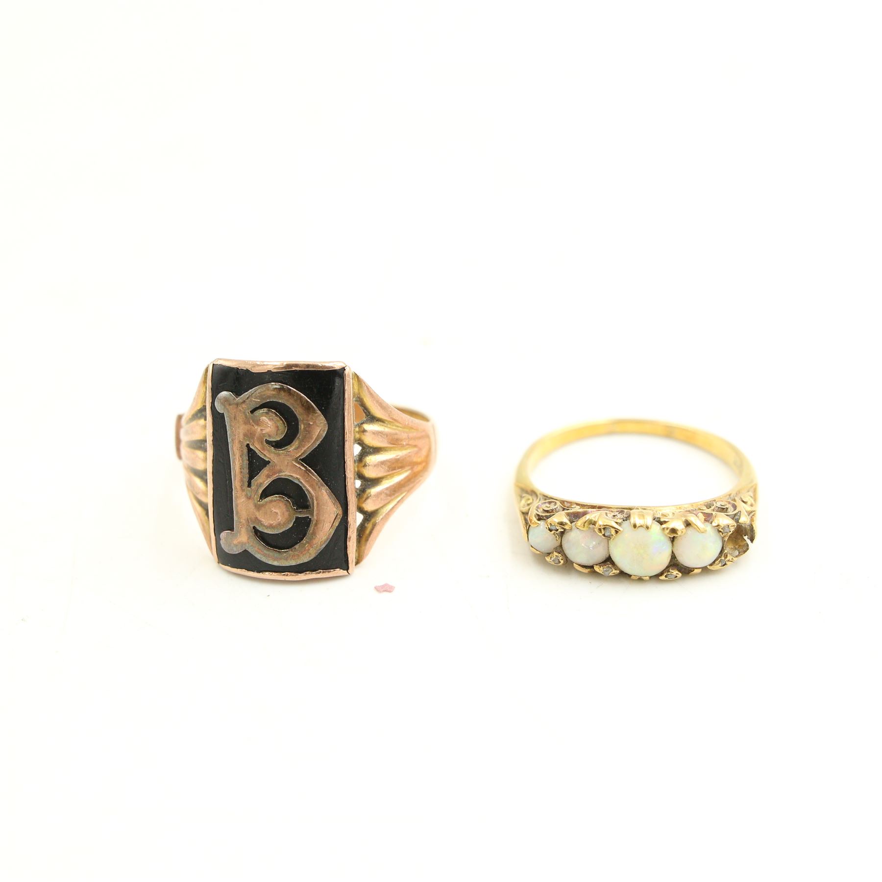 Opal ring stamped 18ct (one stone deficient), an onyx B monogram signet ring, stamped 9ct (cut) and other jewellery