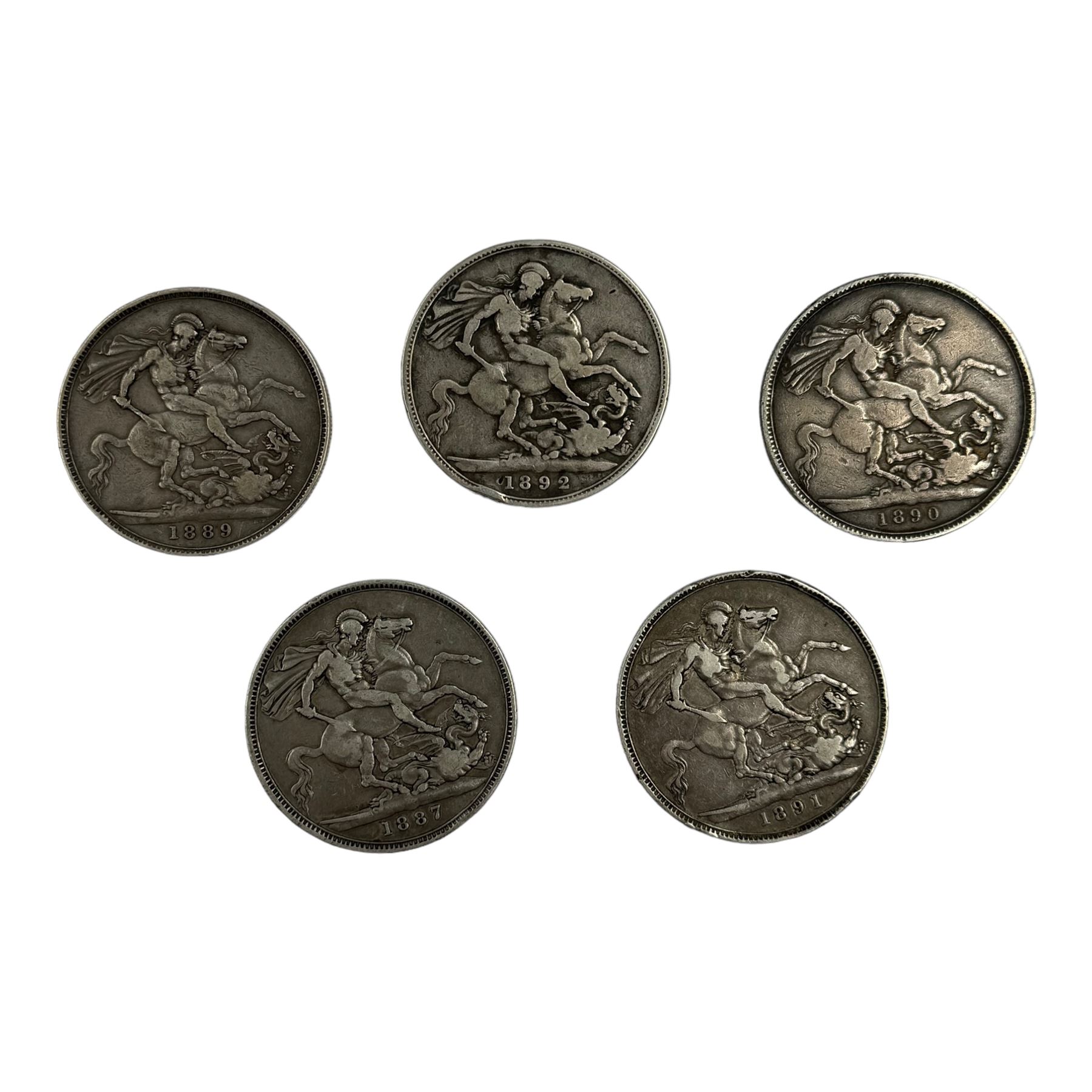 Five Queen Victoria silver crown coins, dated 1887, 1889, 1890, 1891 and 1892