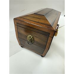 Georgian sarcophogus shaped tea caddy, with inlaid panels and twin lion mask handles, with mahogany compartmentalised interior, upon four bun feet, H22cm