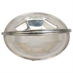 Silver circular fruit dish with swing handle of panelled design on a pedestal base and  octagonal foot D28cm Sheffield 1918 Maker Walker & Hall  