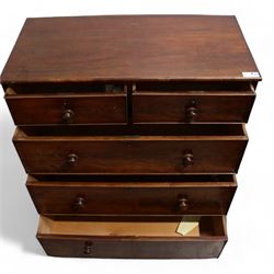 19th century mahogany chest, rectangular moulded top, fitted with two short over three long graduating cock-beaded drawers, on bracket feet