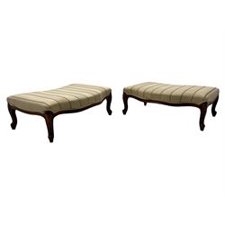 Pair of French design stained beech footstools, shaped form upholstered in pale fabric with herringbone stripe, on cabriole feet with scroll carved terminals 