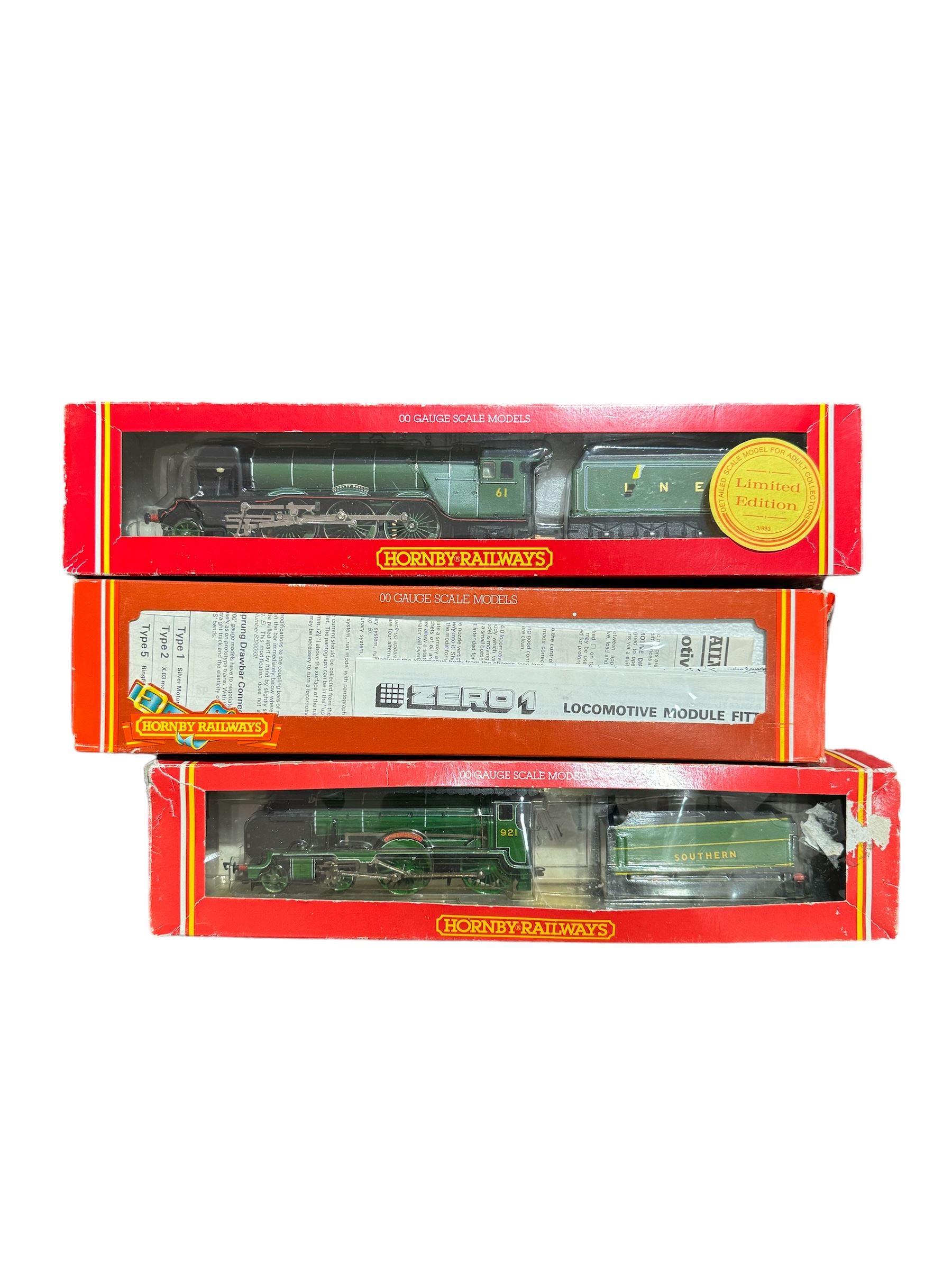 Three Hornby '00' gauge locomotives, comprising R378 LNER Class D49/1 locomotive Cheshire, R583 SR Schools Class 4-4-0 Shrewsbury and limited edition R375 LNER Class A3 4-6-2 Pretty Polly, all boxed