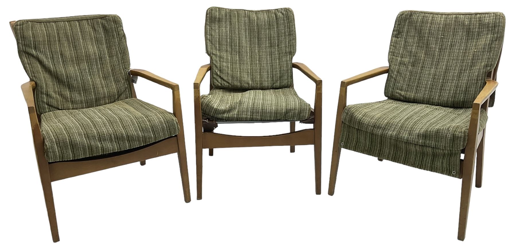 Cintique - set of three beech framed open easy chairs 