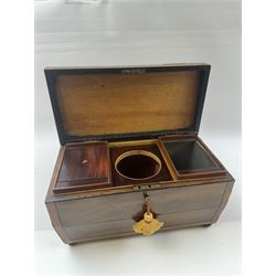 Georgian sarcophogus shaped tea caddy, with inlaid panels and twin lion mask handles, with mahogany compartmentalised interior, upon four bun feet, H22cm